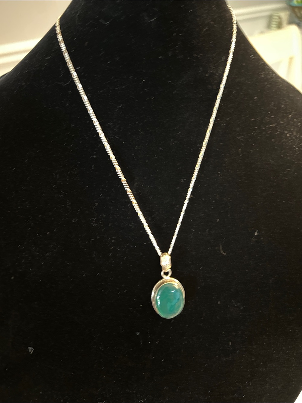Sterling Silver Necklace with Green Oval Gemstone Pendant